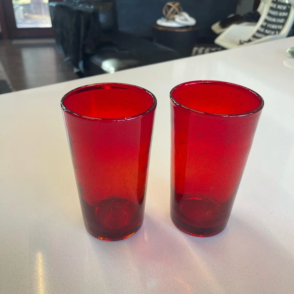 Set of 2 Artland? Ruby Red Bubble Rain seeded Glasses Highball Tumbler 6.25”